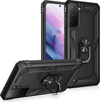 Produktbild von LaimTop Schutzhülle für Galaxy S21 FE 5G, Dual Layer Robust Militäre Fallschutz Hülle mit Ringhalterung Ständer Schwarz