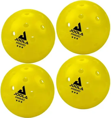 Four yellow pickleball balls are arranged in a square formation on a white background.
