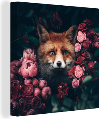 Produktbild von MuchoWow® - Leinwandbilder - Fuchs - Blumen - Tiere, Wandbild, Wanddeko Bilder Wohnzimmer, 90x90cm