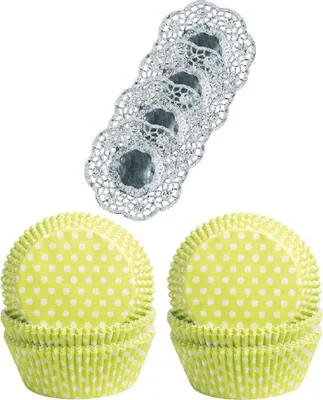 Produktbild von Demmler Muffinförmchen 2er Set - Punkte Weiß / Lemon - Inkl. 4 Tassendeckchen in Silber - zum Backen und Verzieren