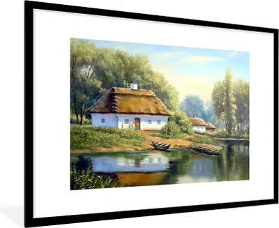 Produktbild von MuchoWow® Gerahmtes Poster Malerei - Haus - Natur - Wasser - Ölfarbe 90x60 cm - Poster mit Schwarzem Bilderrahmen Wandposter Rahmen Foto Bilder - Wanddekoration - Fotos