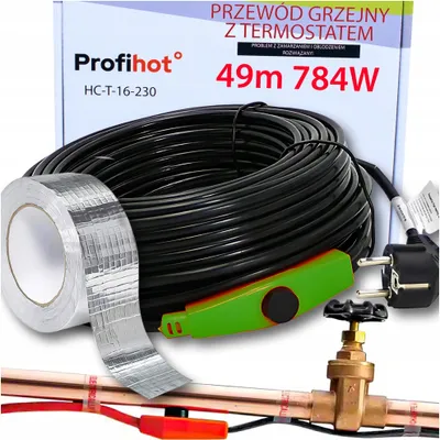 Obrázek produktu pro Topný kabel s termostatem, trubková topná páska, ochrana proti zamrzání, 49 metrů, 784 W, 230 V, topný vodič, kabel