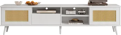 Produktbild von Rattan-TV-Ständer,TV-Schrank mit 2 Rattantüren,1 Schublade und 3 offenen Fächern - Robuste Konstruktion, 200x40x49 cm,50 kg Belastbarkeit