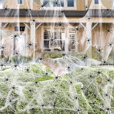 Image de Toile d'araignée extensible pour Halloween, 280 g, 60 araignées en plastique, idéale pour une décoration effrayante