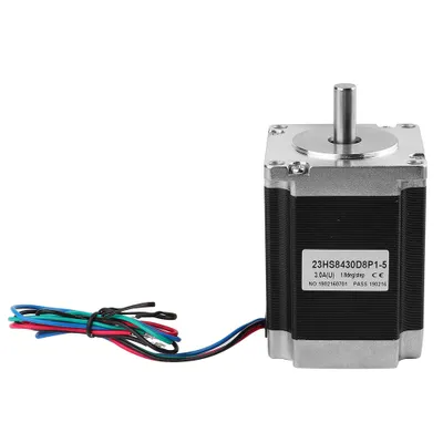 A stepper motor with attached wires on a white background.