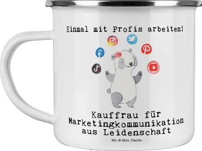 Produktbild von Mr. & Mrs. Panda Kaffeepott Kauffrau für Marketingkommunikation Leidenschaft - Weiß - Geschenk, Haferl, Emaille Becher, Campingtasse, Campingbecher, Pott, Teetasse
