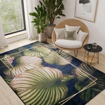 Obrázek produktu pro Koberec obývací pokoj ložnice tmavě modrá zelená tropické rostliny 200 x 300 cm
