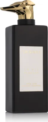 A black bottle of perfume with a gold dispenser.