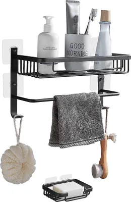 Imagen del producto de Estante de ducha Unyqoos® sin taladro: estante de aluminio de color  mate, de esquina, con 2 estantes, soporte para toallas y jabonera, autoadhesivo, con capacidad de hasta 10 kg