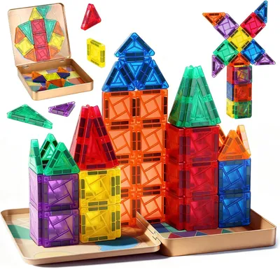 Produktbild von Mini Magnetische Bauklötze Set 60-teilig, Metallkoffer, Konstruktionsspielzeug, für Kinder 3-8 Jahre