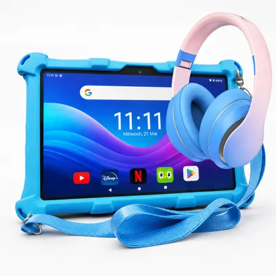 Produktbild von AngelTech Kinderpaket XL PRO II- Kindertablet + Kinderkopfhörer - Android 16 - 6+8 GB RAM - 128GB - Octa-Core-Prozessor - Schnelles 10 Zoll - Blau