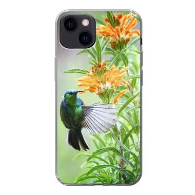 Produktbild von MuchoWow® Handyhülle Schutzhülle Hülle für iPhone 13 Nahaufnahme eines bunten Vogels neben Pflanzen mit orangefarbenen Blüten Silikon Softcase Handy Hülle - Karteninhaber