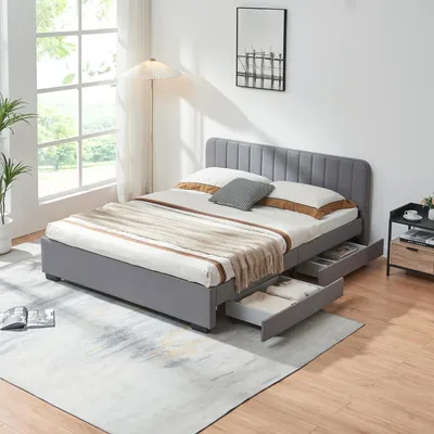 Image de Lit rembourré 'Nofrenna' lit double avec 4 tiroirs 140 x 200 cm lin gris