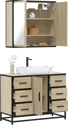 Produktbild von Design 2-tlg. Badmöbel-Set Sonoma-Eiche Holzwerkstoff, Badezimmerschränke Neu