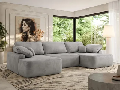 Produktbild von MKS MEBLE U-förmige Eckcouch, Wellenfeder, Ecksofa mit Schlaffunktion, Bettkasten und lose Kissen, 370x187x100cm - CUBO U - Hellgrau Velvet