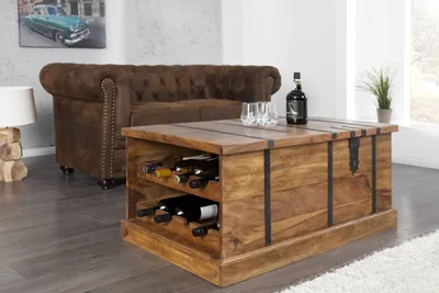 Produktbild von Couchtisch Wohnzimmertisch mit Truhe Weinregal Massivholz 100 x 60 x 40 cm