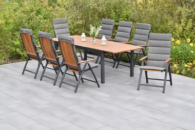 Produktbild von Merxx Gartenmöbel Set Athos 17tlg., 8 Klappsessel inkl. Kissen, Ausziehtisch 180 (250) x 100 cm- Aluminium/Akazie/Textil
