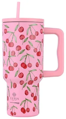 Produktbild von Estia Thermobecher Trinkbecher Isolierbecher mit Strohhalm 900 ml rosa rot Kirschen