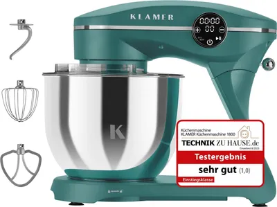 Produktbild von KLAMER Küchenmaschine 1800W, Knetmaschine mit 6 Liter Edelstahl Schüssel, 10 Geschwindigkeitsstufen mit Timer, Rührbesen, Knethaken, Schneebesen und Spritzschutz