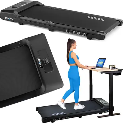 A collage of images showing a treadmill, a close-up of its display, and a woman using it with a standing desk.