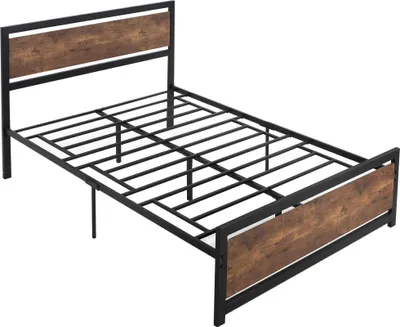 Image de HOMCOM Cadre de lit double en acier avec sommier et tête de lit compatible matelas 190 x 140 cm aspect bois foncé