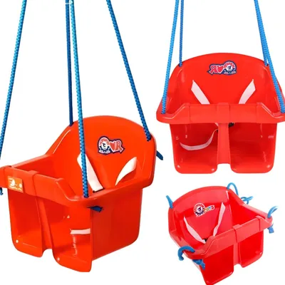 A collage of three different views of a child's hanging swing seat.