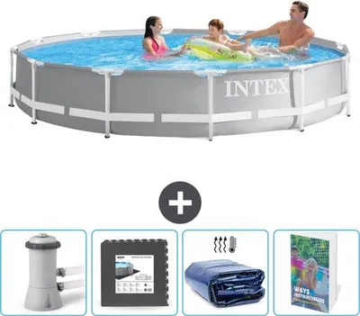 Produktbild von Glasfaser Rundbecken - 366 x 76 cm - Grau - Mit Pumpe und Bodenfliesen - Sonnenschutz - Schwimmbadhandbuch