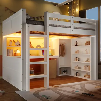 Produktbild von Hochbett 140x200 cm mit Kleiderschrank, Schreibtisch, 3 Schubladen, Staufächern & LED-Beleuchtung, Kinderbett aus Massivholz, ohne Matratze, Weiß