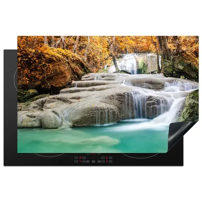 Produktbild von KitchenYeah© Herdabdeckplatte Wald - Wasserfall - Herbst , 81x52cm, Küche Deko, Glaskeramikkochfeld Herdabdeckung, Abdeckplatte fùr Kochfeld