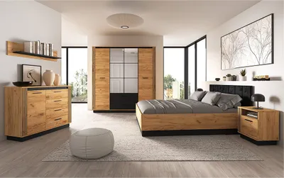 Produktbild von Schlafzimmer Komplettset mit Bett 160x200 cm inkl. Bettkasten in Eiche mit schwarz URBANIA-131