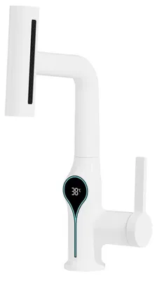 Produktbild von Waschbecken Wasserfall Armatur - Mischbatterie mit digitaler Temperaturanzeige - Heiß- und Kaltwasser - Hochziehbarer Auslauf - Einhebelmischer - Weiß