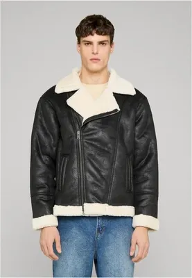 Image de Urban Classics Veste de motard en shearling noir/blanc - XXL