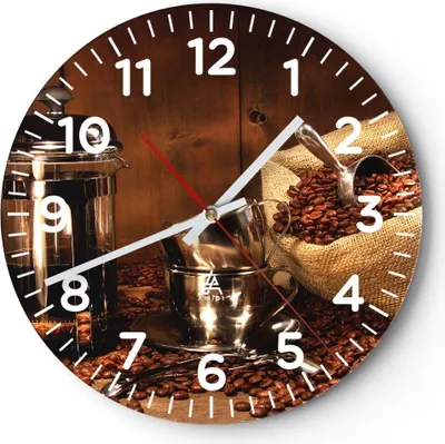 Produktbild von Wanduhr - Rund - Glasuhr - Kaffeebohnen gerösteter Kaffee Tasse - 40x40cm - Schleichendes Uhrwerk - Lautlos - zum Aufhängen bereit - Dekoration Modern - Wanddekoration aus Glas - C4AR40x40-0434