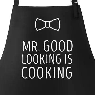 Produktbild von Koch-Schürze Grill-Schürze für Herren mit Spruch Mr Good Looking is Cooking Fliege Moonworks® schwarz unisize