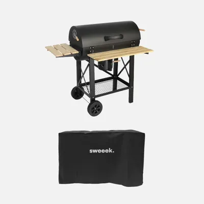 Immagine prodotto di Barbecue a carbone e affumicatore con ruote, ripiani e copertura, Nero