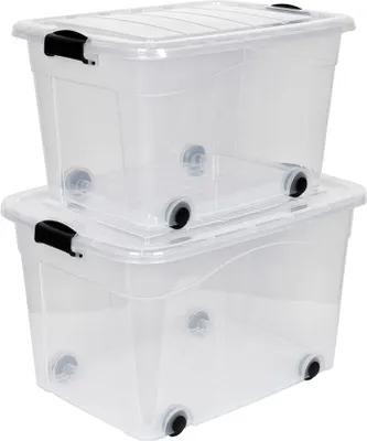 Produktbild von 2 Stück Rollboxen Set 60 und 100 Liter Volumen mit Deckel. In Transparenter Ausführung aus robustem Kunststoff.
