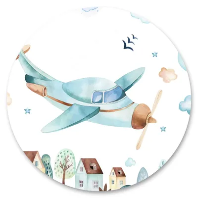 Produktbild von Sticker Kreis AQUARELL Flugzeug Wolken Sterne Häuser Bäume Natur Wanddekoration Aufkleber für Kinderzimmer 100 cm x 100 cm