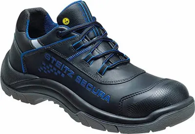A black and blue Steitz Secura safety shoe is shown against a white background.