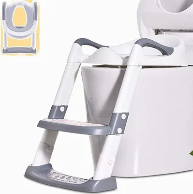 Imagen del producto de Silla de entrenamiento para el baño Unyqoos® con escalera: asiento de baño infantil plegable con acolchado de PU, protector antisalpicaduras, ajustable para alturas de asiento de 38–47 cm, apto para niños de 1 a 7 años, fabricado en PP, con capacidad de hasta 75 kg