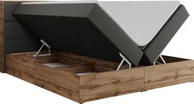 Produktbild von Boxspringbett, Doppelbett mit bettkasten und Multipocket-Matratze, Polsterbett mit Kopfteil, Eiche Holzrahmen - Albero-2 - 180x200cm - Dunkelgrau Kunstleder - H3