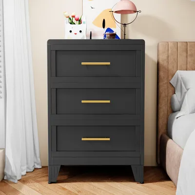 Zdjęcie produktu dla Szafka metalowa, czarna, wysokość 90 cm, 3 szuflady, idealna do sypialni lub biura