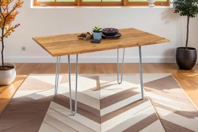 Produktbild von Esstisch Baumkante massiv Akazie natur 120 Hairpin-Gestell silber HANNAH