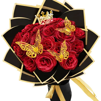 Image de Bouquet de 24 roses pailletées, bouquets de roses artificielles, bouquets de fleurs artificielles à réaliser soi-même avec des paillettes et une couronne, parfaits comme cadeau pour un anniversaire de mariage, des fiançailles, un anniversaire ou la fête des Mères.