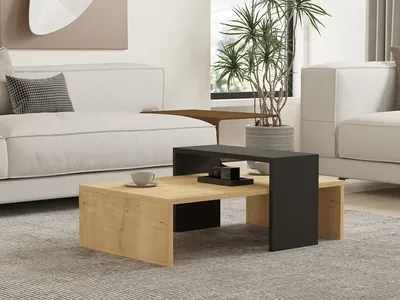 A modern living room with a couch and coffee tables.