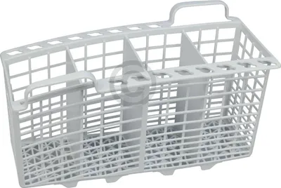 A white plastic dishwasher cutlery basket with multiple compartments.