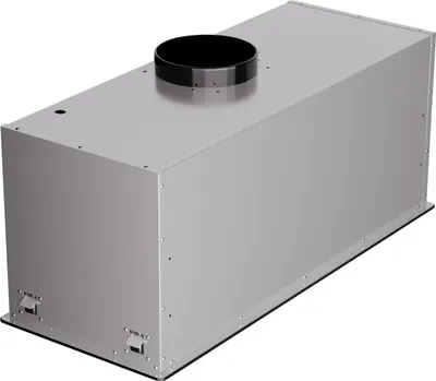 A stainless steel range hood box with a black circular vent on top, isolated on a white background.