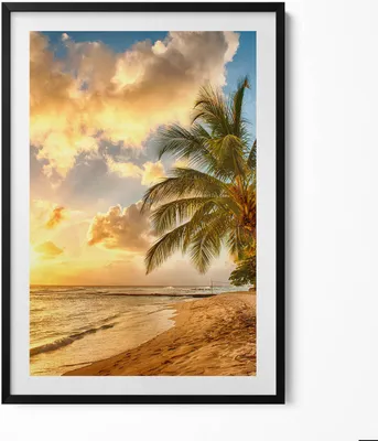 Produktbild von Palmenstrand und Meer bei Sonnenuntergang– Wandbild mit Rahmen – Gerahmtes Bild  – Wanddekoration – 70x100 cm –  Schwarz Rahmen