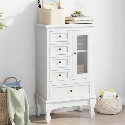 Image de Commode blanche avec cinq tiroirs et deux étagères, idéale pour le salon et le bureau
