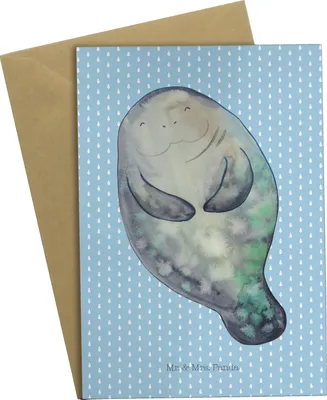 Produktbild von Mr. & Mrs. Panda Glückwunschkarte Seekuh Happy - Blau Pastell - Geschenk, weihnachtskarten, einladungskarten, Freundin, Seekühe, Grußkarten, hochzeitskarten, Grußkarte