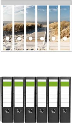 Produktbild von Wallario 6 Stück breite Ordner inkl. Klebeetiketten mit Motive Auf dem Holzweg zum Strand -  Set mit Rückenschildern / Ordnerrücken Stickern